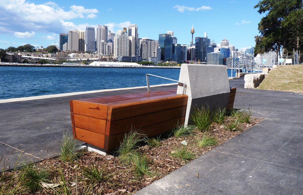 Balmain Wharf completed works, waterfront public seating with CBD views